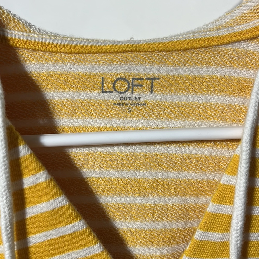 LOFT Outlet Yellow White Stripped V-Neck Crop Pullover Hooded Sweatshirt Size S - Picture 4 of 7